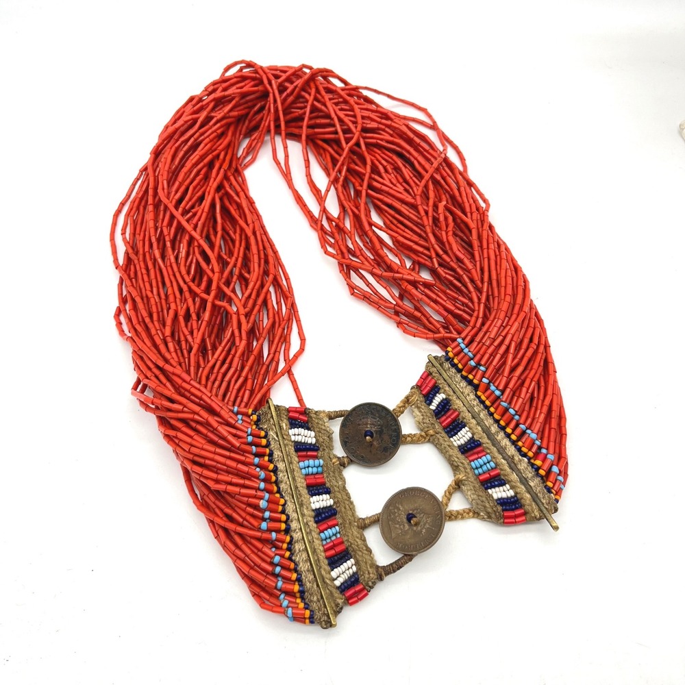 Vintage Naga Tribal Multi Strand Red Seed Bead Necklace 1956 George V Coins